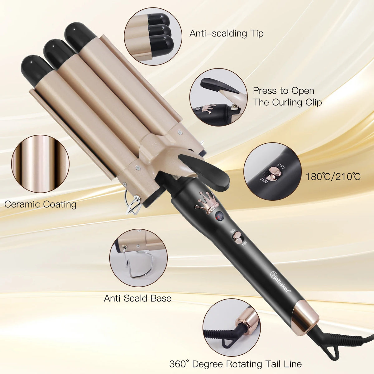 Hatteker Electric Curling Iron 25MM Three-Tube Wavy Hair Roller Egg-Shaped Curler for Styling Small to Large Curls Hair Wand