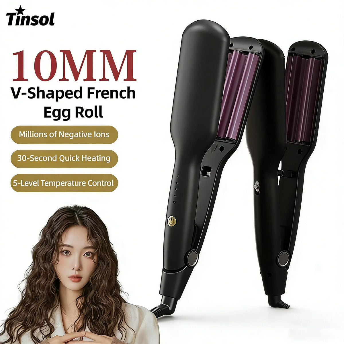 TINSOL 10mm Wave Curling Iron V-Shaped Wool Curling Iron Rapid Heating Five-Level Temperature Control Egg Roll Curling Iron