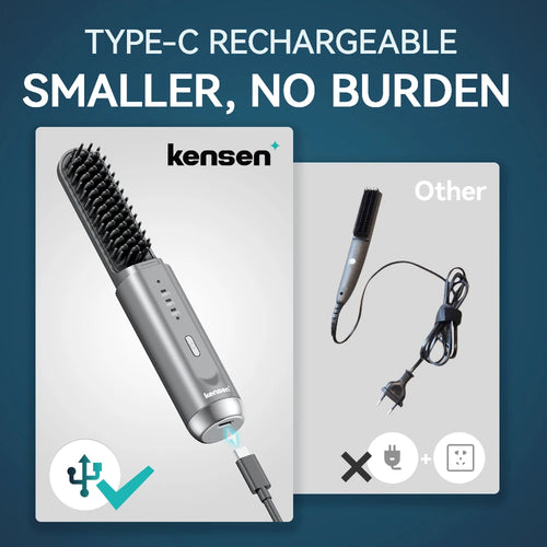 Kensen Hair Straightener Brush Negative Ion USB Rechargeable Wireless Fast Heat Straight Curly Hair Styling Comb for Men Women