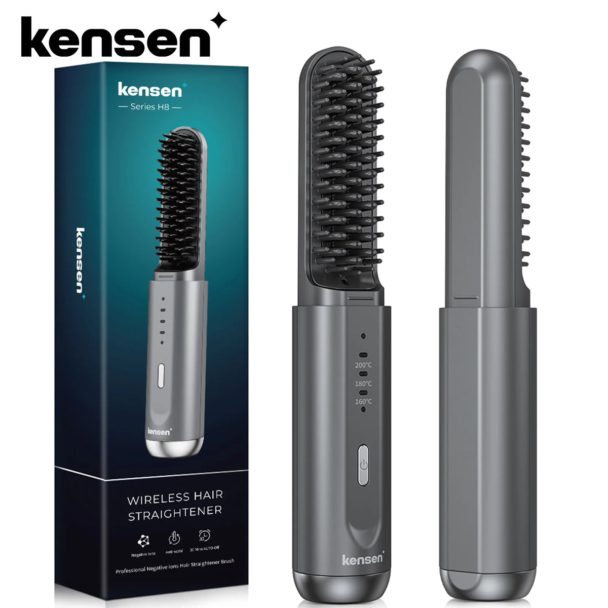Kensen Hair Straightener Brush Negative Ion USB Rechargeable Wireless Fast Heat Straight Curly Hair Styling Comb for Men Women