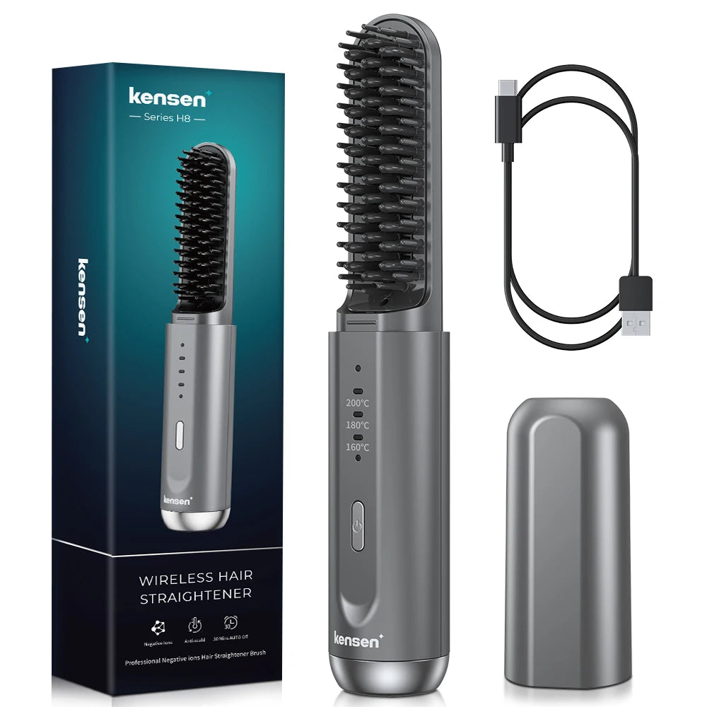 Kensen Hair Straightener Brush Negative Ion USB Rechargeable Wireless Fast Heat Straight Curly Hair Styling Comb for Men Women